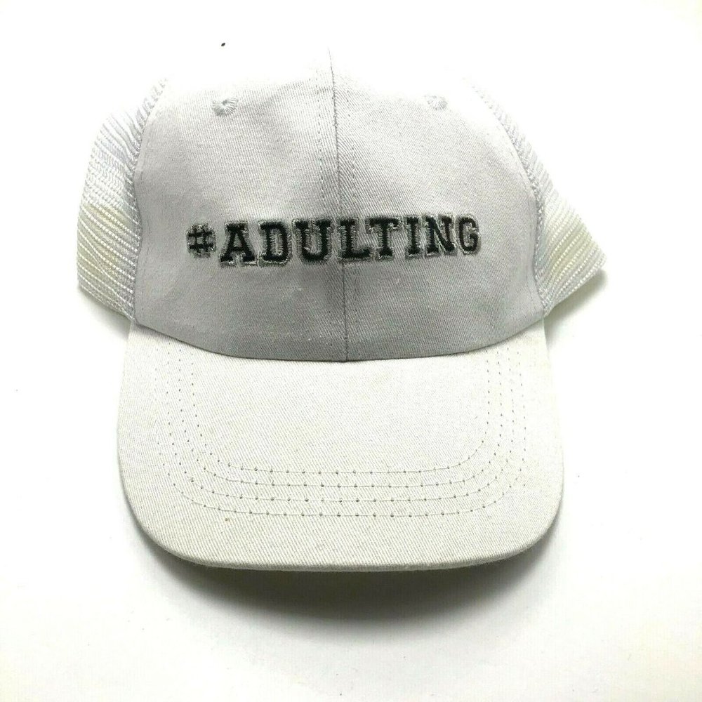 Adulting Novelty Humor Funny Hat Cap Snapback Mesh Back Off White